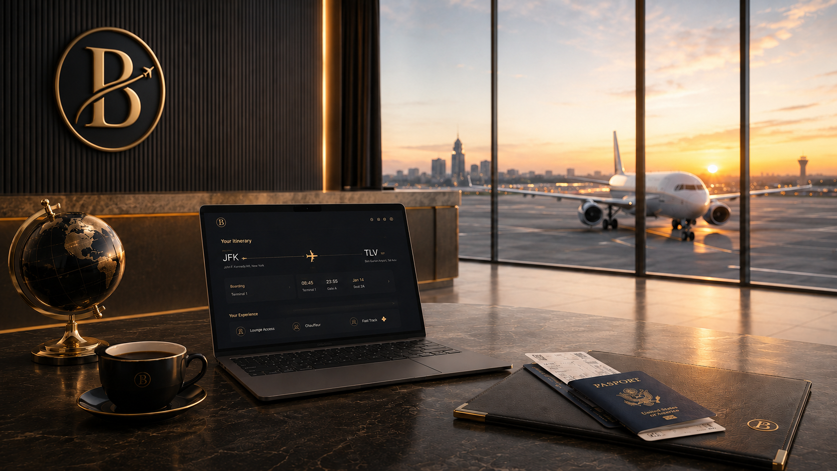 Elegant private terminal workspace with a personalized itinerary, passport, and aircraft at sunset