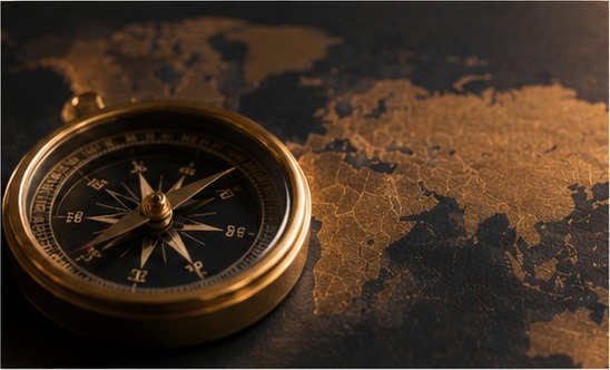 Antique brass compass resting on a golden world map
