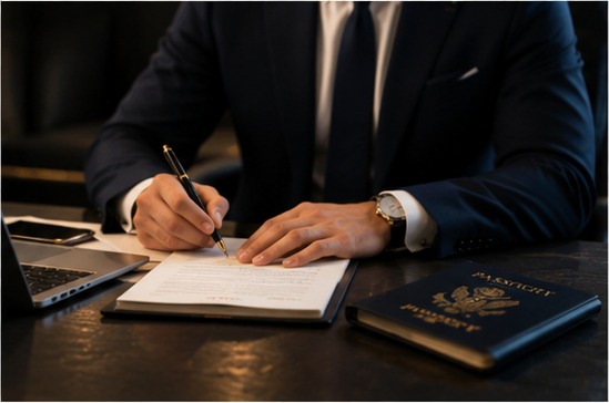 Travel professional reviewing itinerary details at a desk