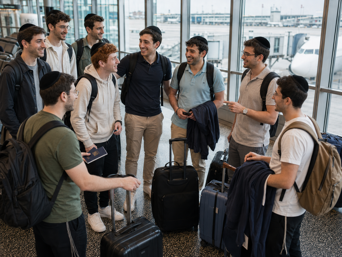 Group of Jewish travelers gathered at an airport gate with luggage
