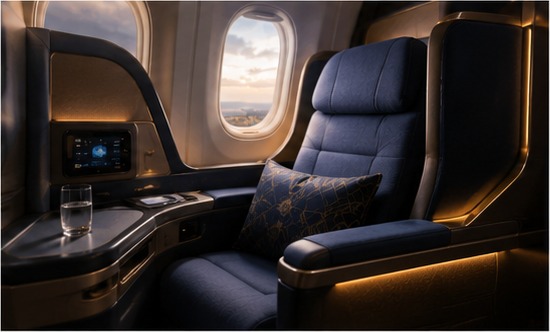 Premium business class cabin seat with sunset view