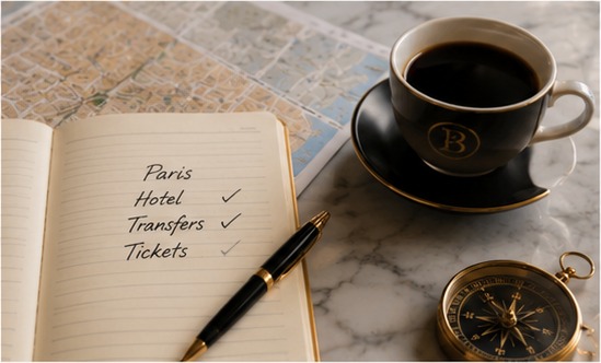Open travel journal, world map, coffee and compass on a marble desk
