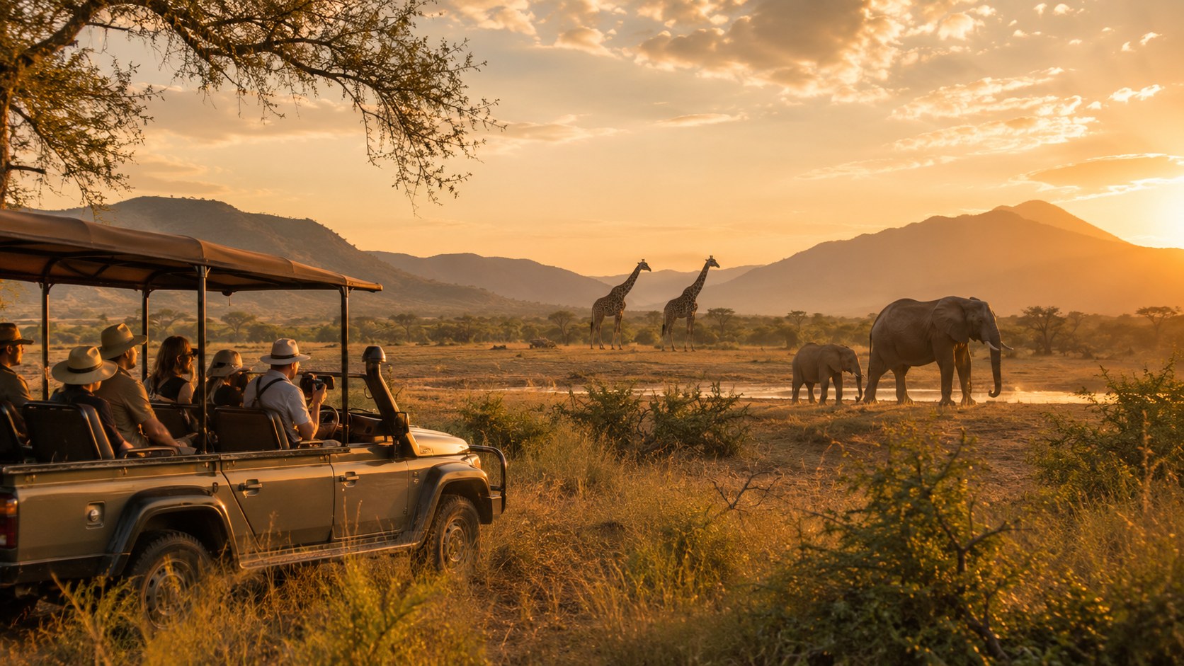 Safari vehicle with travelers observing elephants and giraffes at golden hour in South Africa