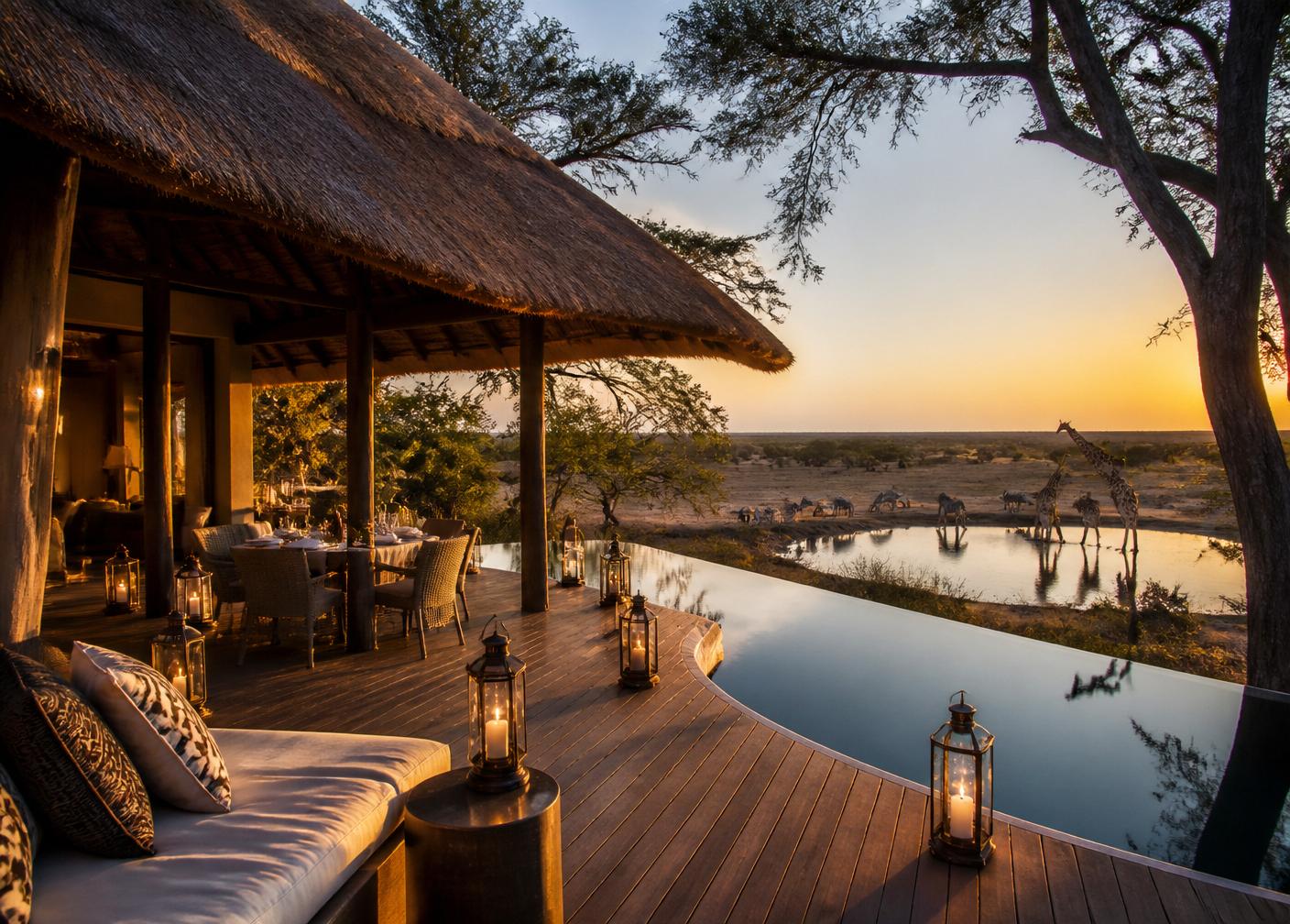 Luxury safari lodge deck at sunset overlooking watering hole